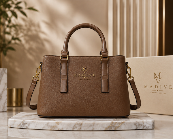 MADIVE Structured Work Tote in brown leather, shown from the front