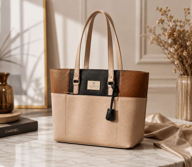 MADIVE Signature Tote Bag – Vegan Leather Two-Tone Handbag with Gold Hardware