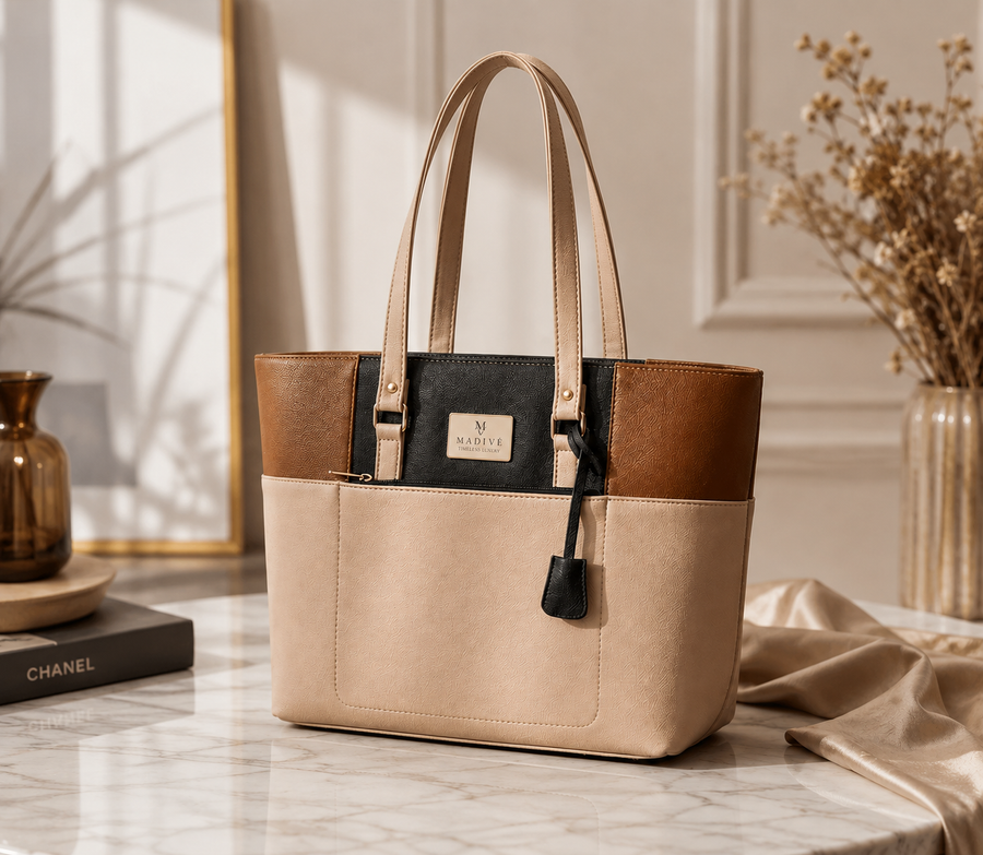 MADIVE Signature Tote in two-tone tan, black and beige vegan leather