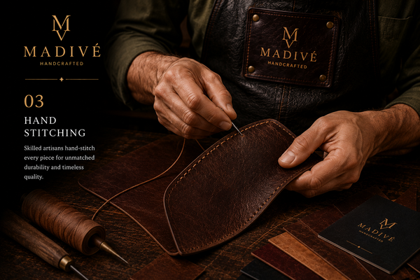 Hand-stitched detailing on a MADIVE handbag