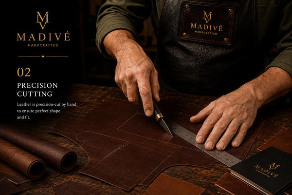 Precision cutting of leather for a MADIVE handbag