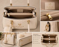 MADIVE Elise ivory handbag with faux-fur pom-pom and pearl charm