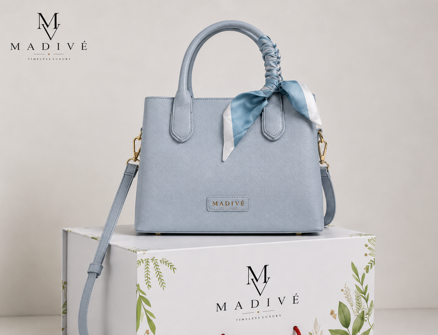 MADIVE Elegance handbag in blue PU leather with silk scarf accent
