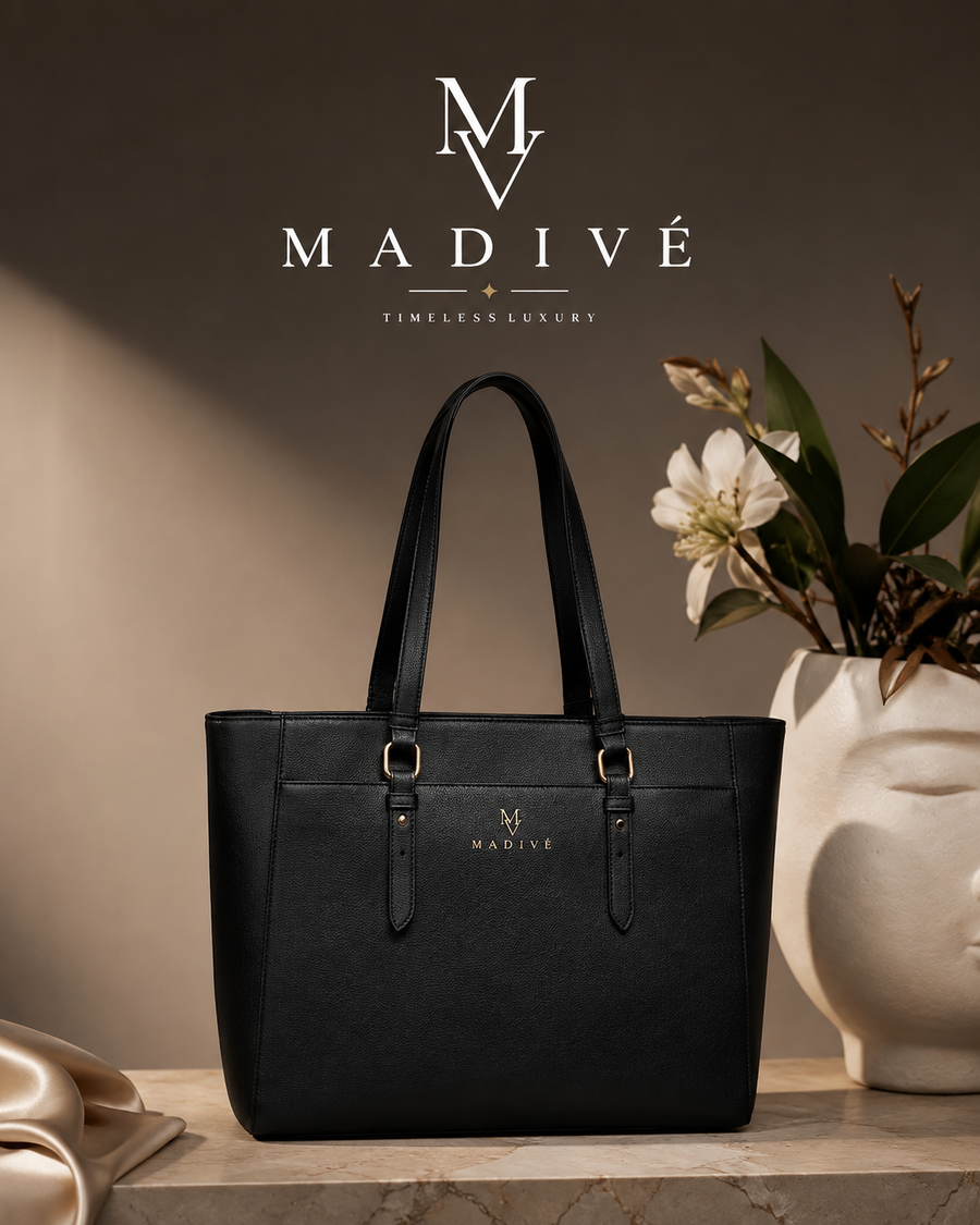 MADIVE Elan structured tote bag in black with gold-tone hardware